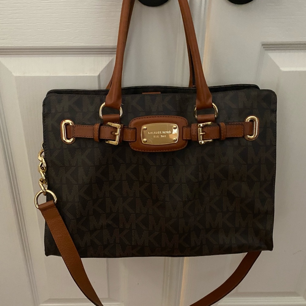 Michael Kors Brown Logo Tote with Tan Leather Trim and Gold Hardware